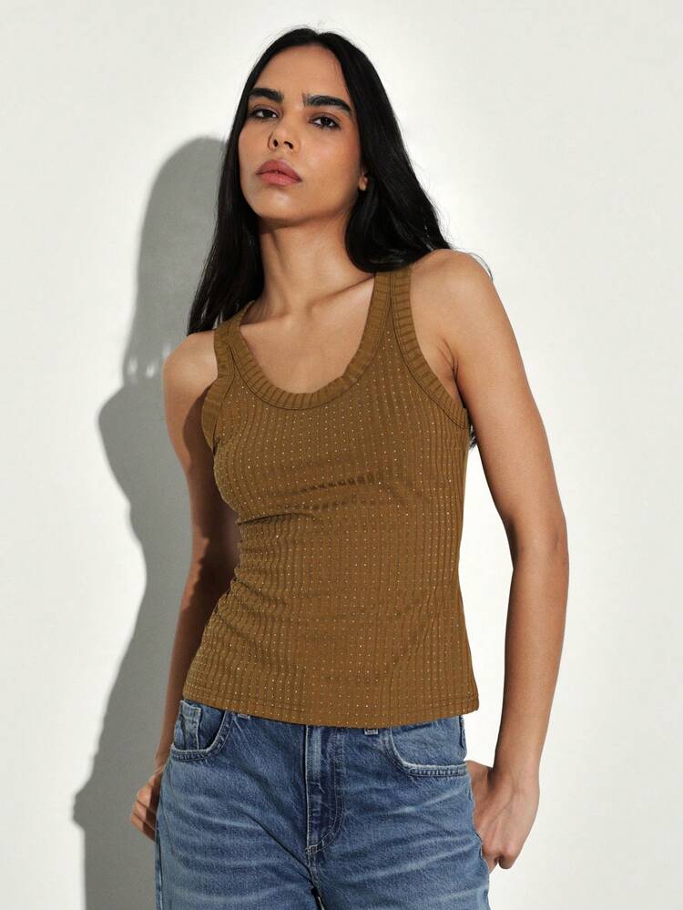 KSTM Rhinestone Embellished Ribbed Tank Top Sleeveless Scoop Neck Fitted Camisole Fashion Basic Tee