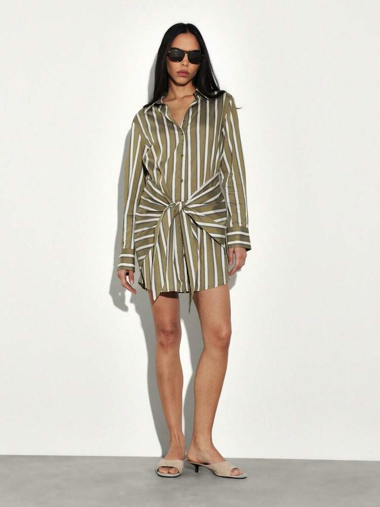 KSTM Striped Front Tie Shirt Dress Long Sleeve Button Down Mini Dress Casual Collared Wrap Style Fall Fashion