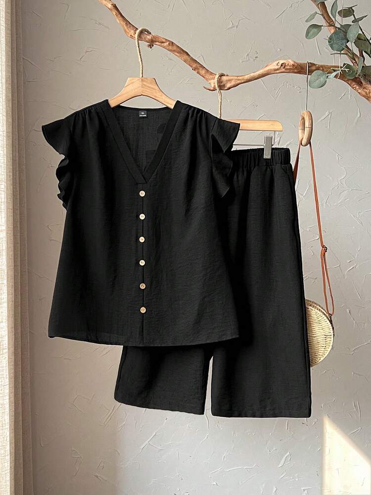 Plus Size Solid V-Neck Button Up Top And Elastic Waist Pants Casual 2 Pieces Set Blouse And Pants Set 2 Piece Casual Sets Woman 2 Piece Linen Sets Woman Summer Outfits  Beach Vacation Outfits For Women BOHO Clothes Women Vacation Outfit Sets Shirt Sets For Women Women 2 Piece Outfit Casual Summer Outfits For Women  Beach Outfit For Women  Casual  Vacation Outfits Women Country Concert Outfit Peplum