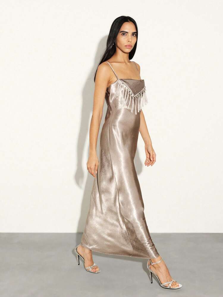 KSTM Champagne Satin Maxi Slip Dress With Fringe Detail Cami Straps Evening Formal Party Wedding Guest Outfit