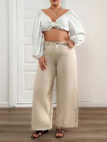 Plus High Waist Casual Wideleg Jean - Beige - View 8