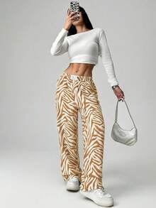 SHEIN EZwear 大码斑马纹休闲宽松裤，春夏款 - 卡其色 - 查看 3