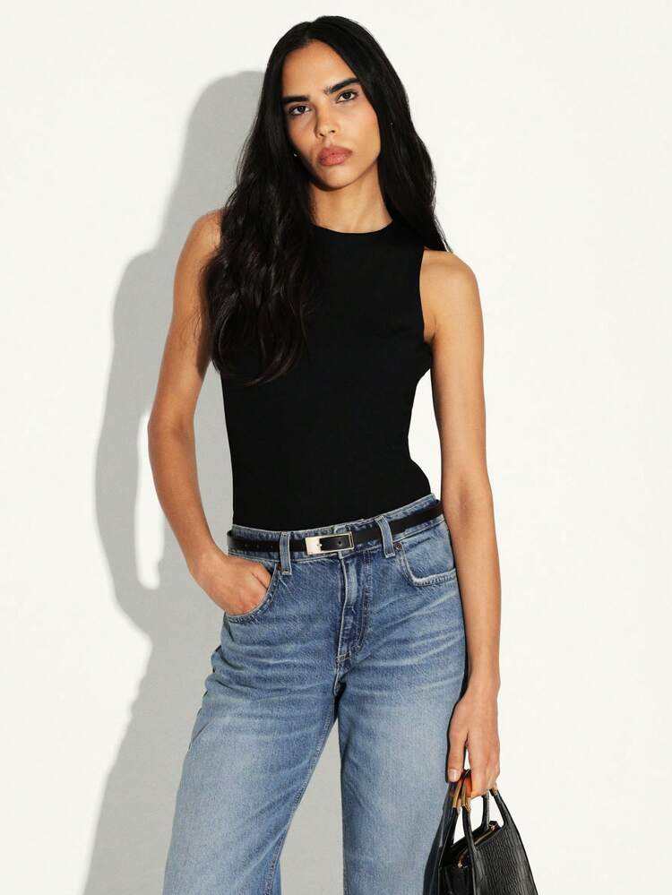 KSTM Open Back Sleeveless Bodysuit For Women Backless Fitted Top Crew Neck Tank Style Casual Everyday Wear