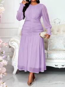 SHEIN Lady CURVE Plus Size Elegant Party Purple  Ruched Waist Dress Summer Dress Spring Dress - Purple - View 5