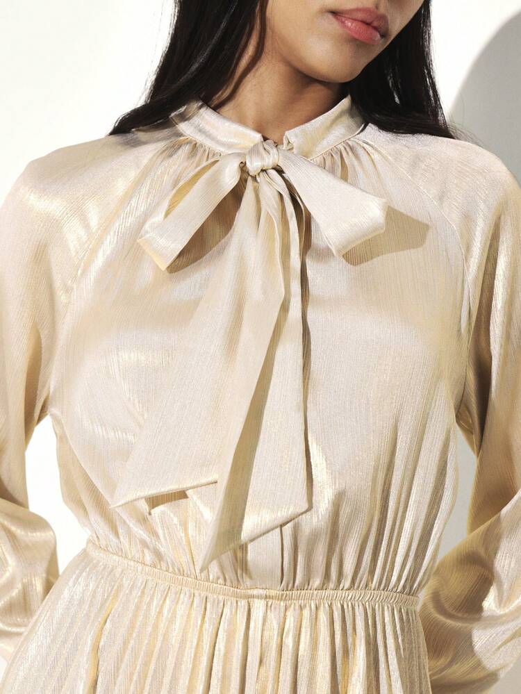 KSTM Pleated Metallic Maxi Dress With Bow Neck Tie Long Sleeve Evening Formal Wedding Guest Occasion Dress