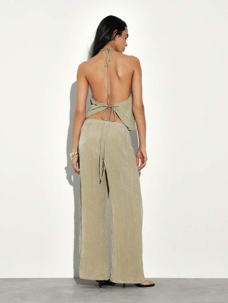 KSTM Women's Sage Green Crinkled Halter Top And Wide Leg Palazzo Pants Two Piece Coordinated Summer Outfit Set Casual Lounge Wear