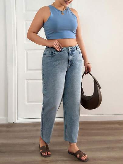 EURMUSE High Rise Mom Fit Casual Denim Jean Plus Size