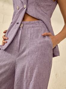 Bóhologie Linen Fabric Gold Button Detailed Vest And Pant Suit Sets - Lilac Purple - View 6