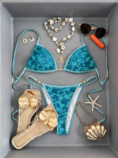 Swim Vcay Conjunto de bikini de unicolor con escote halter y lazos, traje de baño sexy para playa de verano