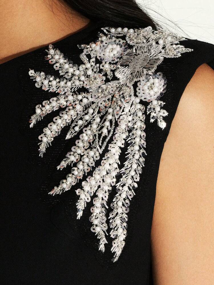 KSTM Embellished Shoulder Black Mini Dress With Silver Wing Details Sleeveless Bodycon Evening Party Formal Night Out Date