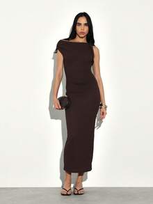 KSTM Elegant Draped One Shoulder Midi Dress With Side Slit For Evening Occasions - Brown - View 1