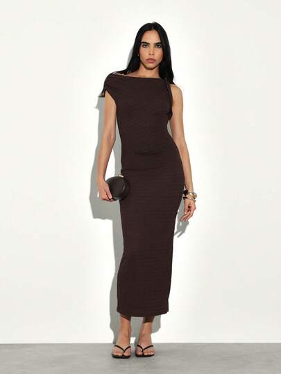 KSTM Elegant Draped One Shoulder Midi Dress With Side Slit For Evening Occasions