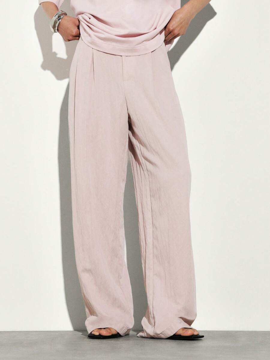 KSTM Pantalones rectos plisados para mujer, pantalones anchos, pantalones casuales de corte holgado tipo palazzo, para primavera y verano - Rosa - Ver 1