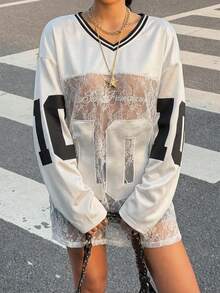 Muchica 女士休闲时尚街头风V领数字印花透视蕾丝落肩宽松长袖T恤，夏季 - 白色 - 查看 3