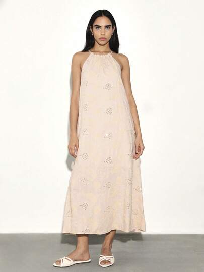 KSTM Robe longue d'été à encolure ras-du-cou brodée avec détails œilletés et fermeture à lacets dans le dos pour mariage sur la plage