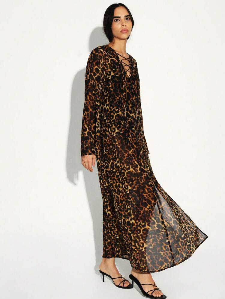 KSTM Abito lungo con stampa leopardata, maniche lunghe e allacciatura, con silhouette fluida semi-trasparente e scollo a V, adatto per l'autunno e l'inverno