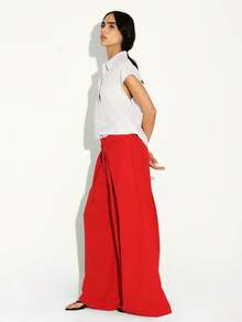 KSTM Pleated Wide Leg High Waisted Palazzo Pants For Women - Casual Chic Loose Fit Trousers With Front Pleats - Red - View 5