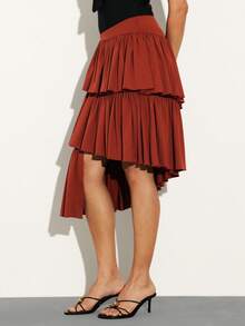 KSTM 女士层叠不对称中长裙，荷叶边设计，高腰款式，适合约会之夜和特殊场合 - 棕色 - 查看 4