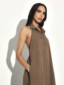 KSTM Halter Neck Button Front Long Dress With Open Back Design Summer Maxi Dress - Brown - View 6