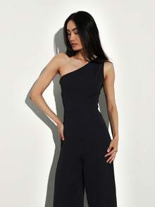 KSTM Sleek One Shoulder Black Jumpsuit With Wide Leg Design And Elegant Evening Silhouette For Sophisticated Style - Black - View 4