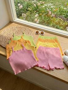 SHEIN 8pcs/Set Young Girl Solid Color Knit Camisole Top And Shorts Set - Multicolor - View 4