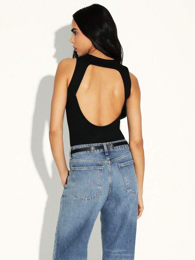 KSTM Open Back Sleeveless Bodysuit For Women Backless Fitted Top Crew Neck Tank Style Casual Everyday Wear
