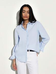KSTM Blusa de mujer de manga larga con botones ocultos, cuello y tela de popelina azul claro, para uso profesional en la oficina - Azul - Ver 4
