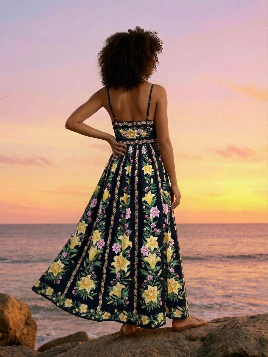 CAJUNI Đầm dài lãng mạn họa tiết hoa, thích hợp cho kỳ nghỉ nhiệt đới. - màu đen - Xem 1