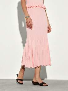 KSTM Knit Ribbed Mock Neck Sleeveless Top With Pleated Midi Skirt Co Ord Set Ruffle Detail Sweater Coordinates - Pink - View 5