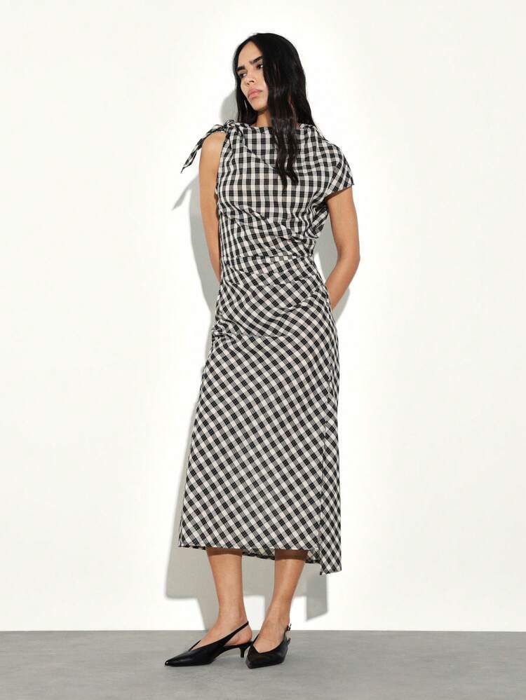 KSTM Asymmetric Midi Length Checked Dress With Side Slit And Cap Sleeves