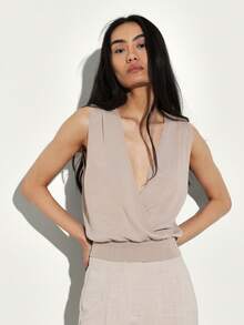 KSTM Women's Sleeveless Knit Vest With Deep V-Neck And Ribbed Waistband Casual Tank Top - Khaki - View 4