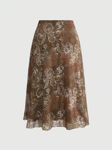 ROMWE Fairycore 大码女式波西米亚风网纱印花A字裙 - 彩色 - 查看 2