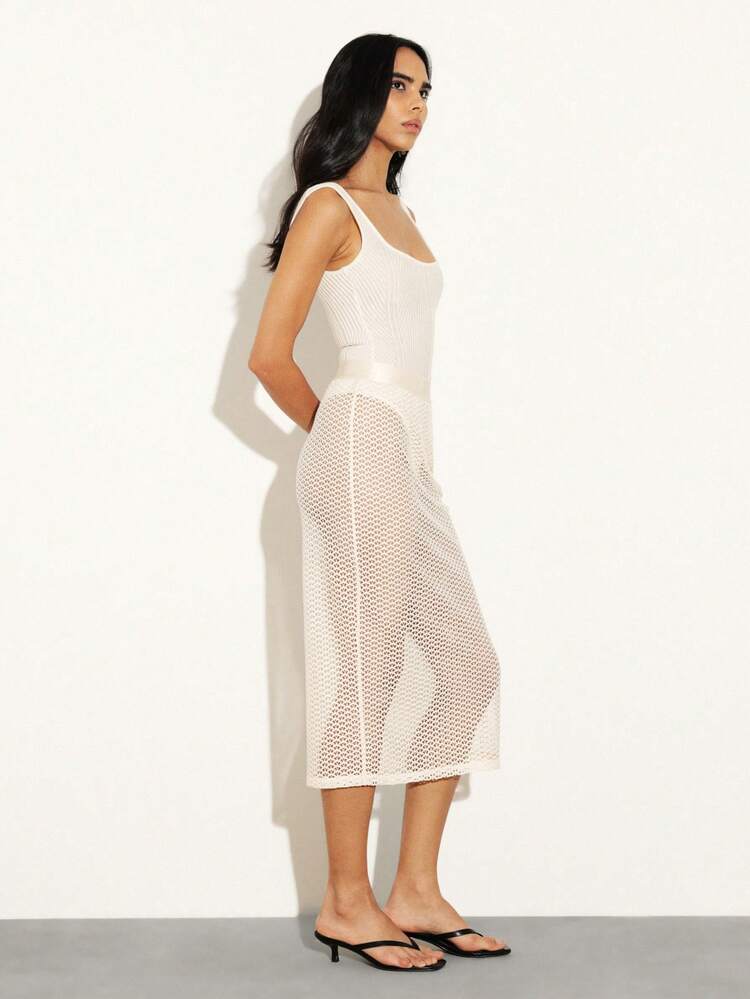 KSTM Kremowa, siateczkowa, szydełkowa spódnica midi, plażowa, półprzezroczysta, letnia, wakacyjna, turystyczna