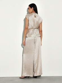 KSTM Satin Co Ord Set Two Piece Outfit Luxe Belted Top Wide Leg Palazzo Pants Evening Party Formal Occasion - Khaki - View 2