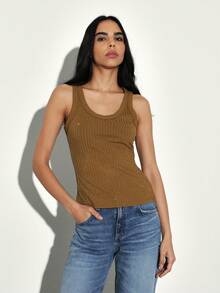 Rhinestone Embellished Ribbed Tank Top Sleeveless Scoop Neck Fitted Camisole Fashion Basic Tee - Olive Green - View 4