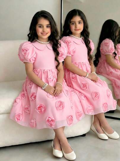 SHEIN Girls' Floral Decor Petal Sleeve Ruched Waist Party Dress, Elegant Tulle Flower Prom Gown For Toddlers, All Seasons Rosette Kids Dresses Kids Dresses Ballerina Pink Puff Sleeve Dress For Girls Kids Pink Dresses Kids Frocks Friends