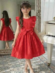 SHEIN 少女红色时尚短袖系带连衣裙 - 紅色 - 查看 5