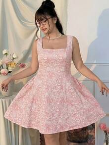 CovetEZ Vestido de talla grande sin mangas de encaje blanco puro con jacquard que ciñe la cintura en forma de A, adecuado para el Día de San Valentín, citas y fiestas - Rosa - Ver 2