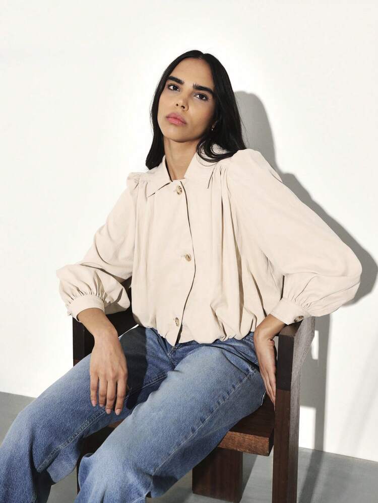 KSTM Women's Balloon Hem Jacket With Elastic Waistband And Button Front Closure Classic Collar Long Sleeve Outerwear