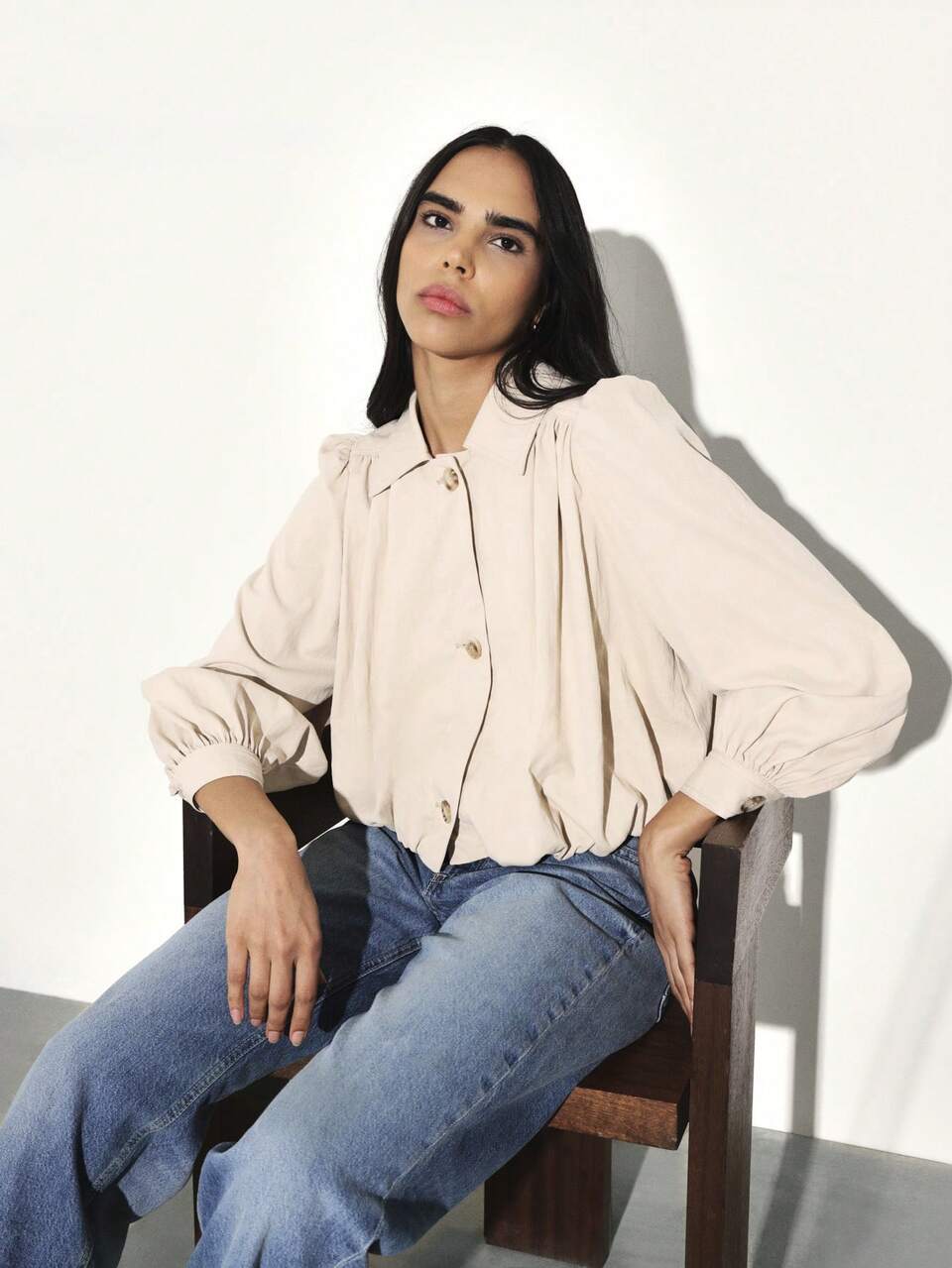 KSTM Women's Balloon Hem Jacket With Elastic Waistband And Button Front Closure Classic Collar Long Sleeve Outerwear