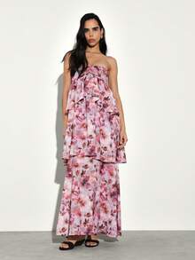 KSTM Strapless Bandeau Tiered Ruffle Floral Print Maxi Dress With Layered Feminine Silhouette For Spring Summer Occasions - Multicolor - View 3