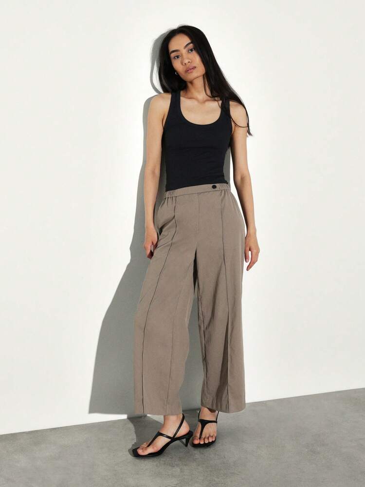 KSTM Women's Elastic Waist Wide Leg Smart Pants Taupe Casual Office Work Trousers Relaxed Fit Palazzo Style