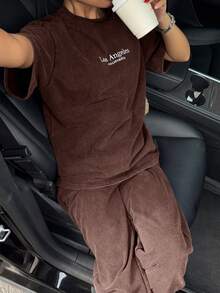 Muchica Women's Coffee Brown Washed Letter Graphic Short Sleeve T-Shirt And Pants Casual Suit - Coffee Brown - View 5
