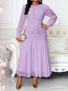SHEIN Lady CURVE Plus Size Elegant Party Purple  Ruched Waist Dress Summer Dress Spring Dress - Purple - View 4