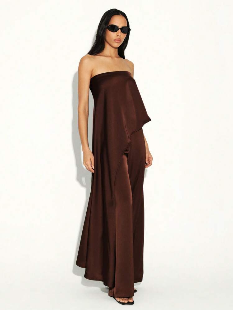 KSTM 女性用ストラップレス非対称ドレープトップ、エレガントなブラウンチューブトップ イブニングパーティーブラウス 秋冬ファッション