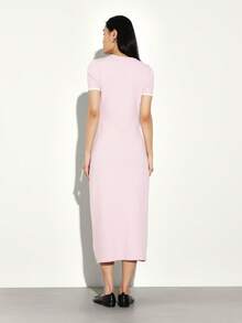 KSTM Vestido de punto de cuello redondo con detalles de contraste, vestido de punto midi de manga larga para uso casual en otoño e invierno - Rosa - Ver 2