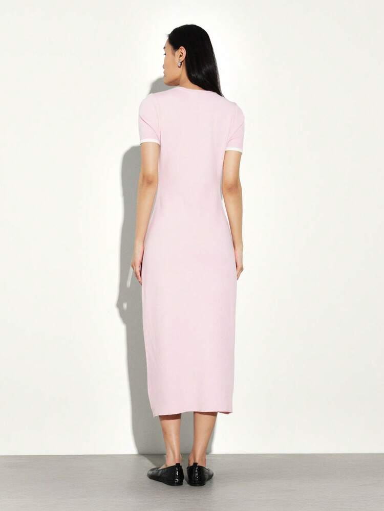 KSTM Robe pull col rond avec détails contrastés, robe midi en tricot à manches longues, décontractée pour l'automne et l'hiver, pour tous les jours