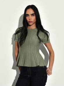 KSTM Sage Green Fully Fashioned Knitted Peplum Top Short Sleeve Round Neck Ribbed Texture Casual Elegant Blouse Spring Summer - Green - View 4