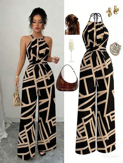 Elenzga جمبسوت نسائية بخصر مربوط بقماش مطبوع، أنيقة للعطلات والاستخدام اليومي