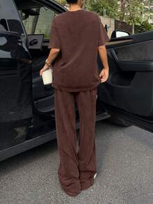 Muchica Women's Coffee Brown Washed Letter Graphic Short Sleeve T-Shirt And Pants Casual Suit - Coffee Brown - View 2